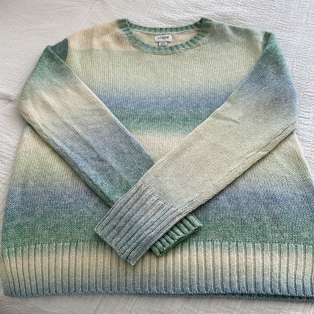 J.Crew beautiful rainbow blues and greens crewneck sweater, good condition, XXS